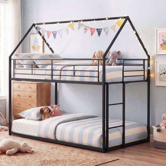 Twin Over Twin Metal Bunk Bed with Roof and Ladder