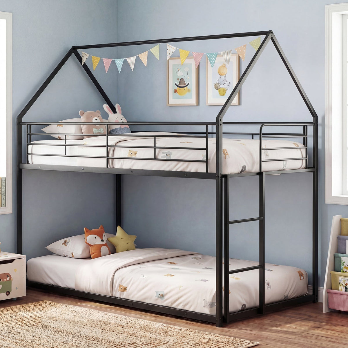 Twin Over Twin Metal Bunk Bed with Roof and Ladder