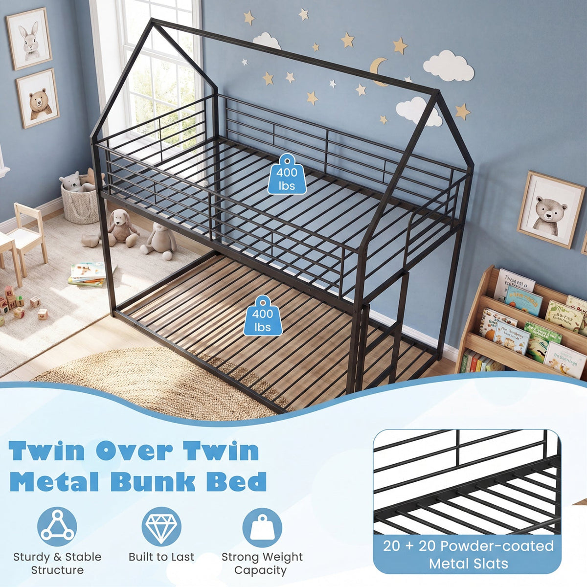 Twin Over Twin Metal Bunk Bed with Roof and Ladder