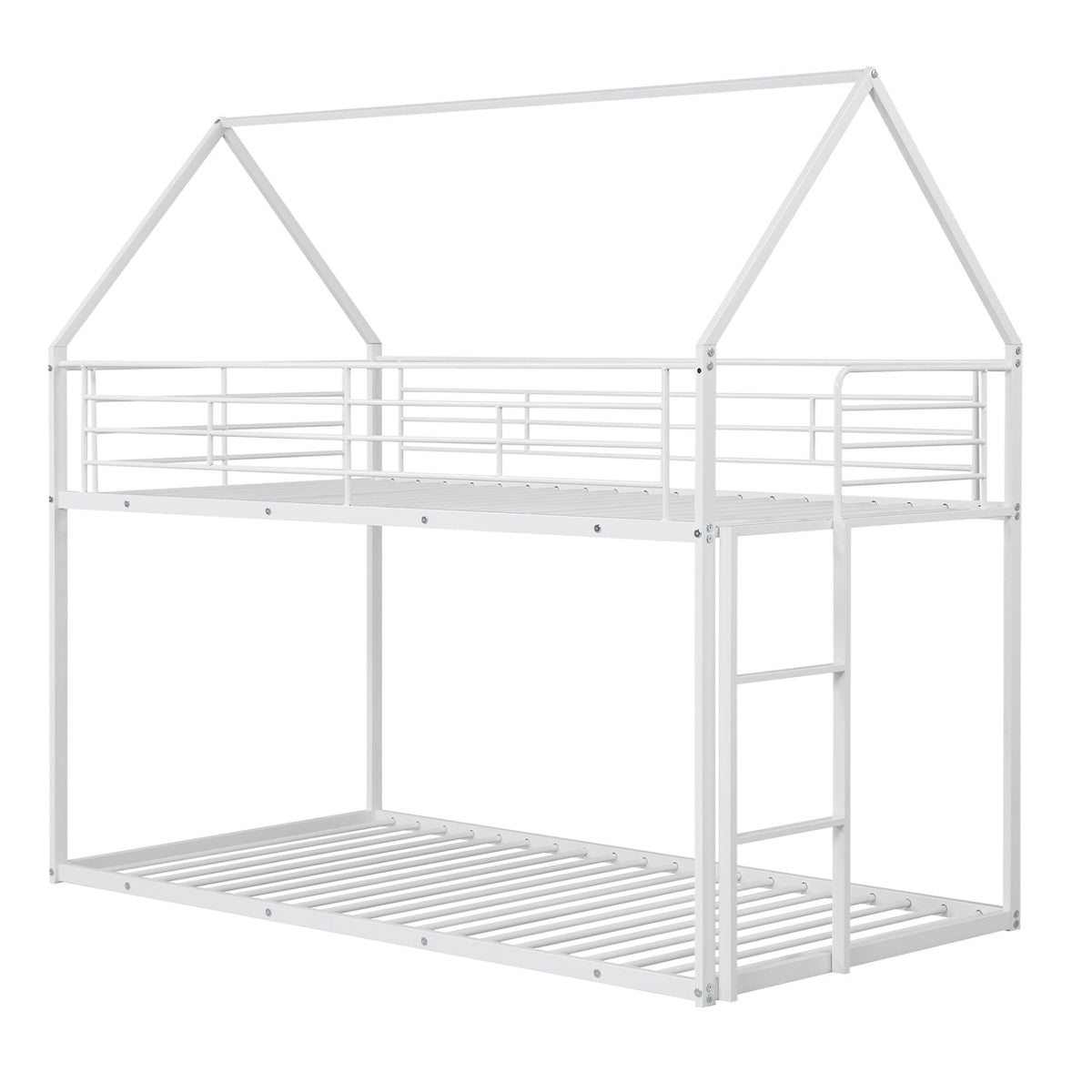 Twin Over Twin Metal Bunk Bed with Roof and Ladder
