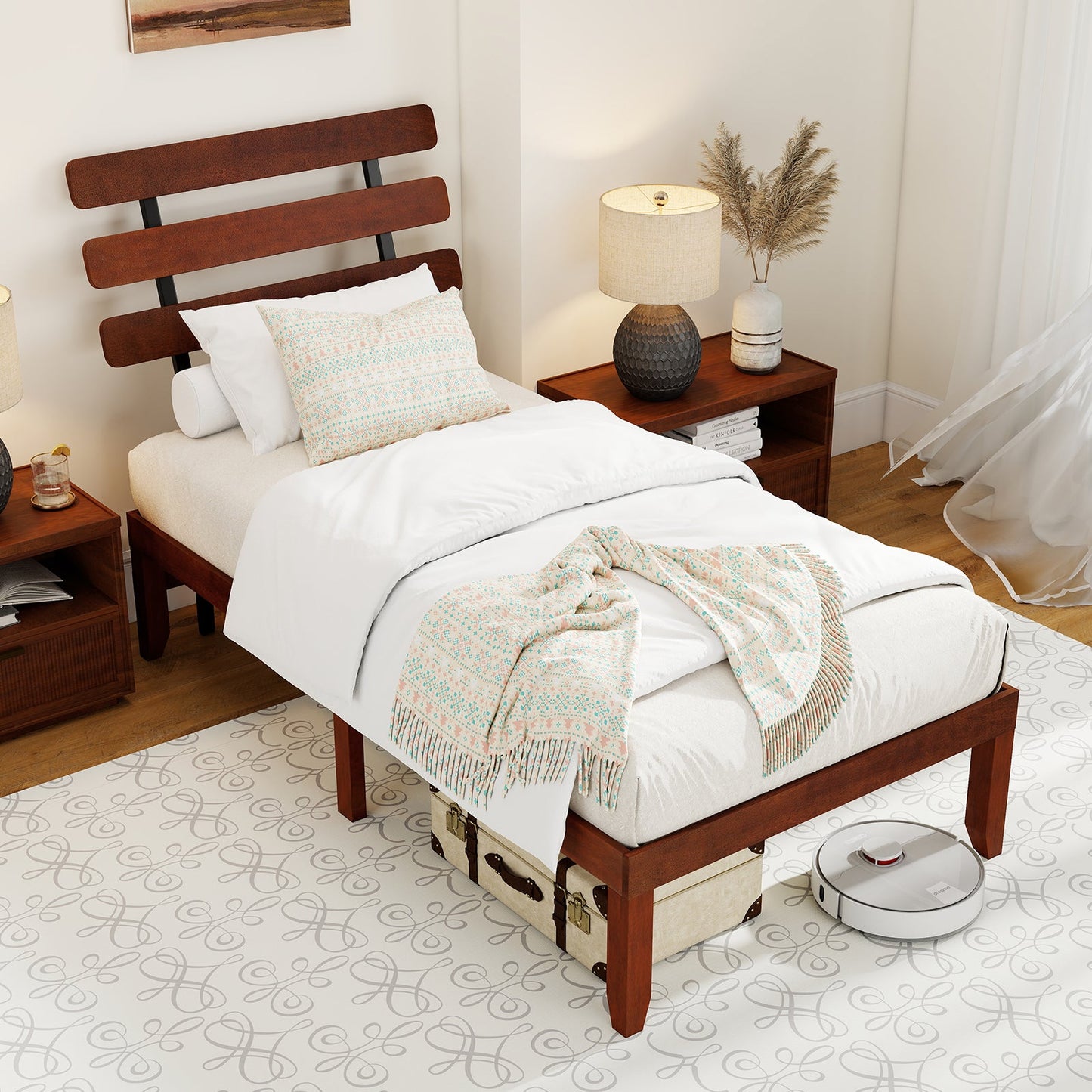 Full Size Bed Frame 15.5 Inch Solid Wood Platform Bed with Retro Headboard