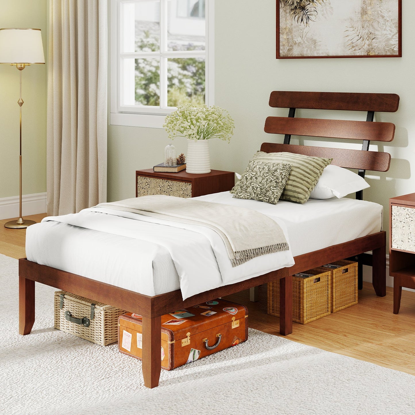 Full Size Bed Frame 15.5 Inch Solid Wood Platform Bed with Retro Headboard
