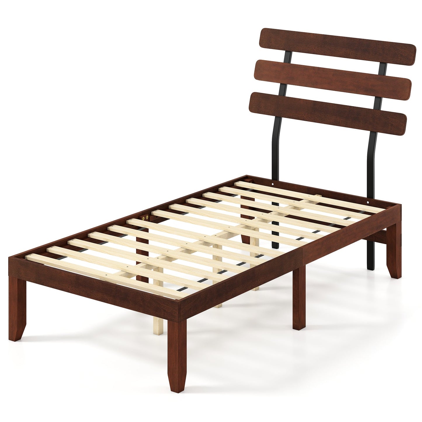 Full Size Bed Frame 15.5 Inch Solid Wood Platform Bed with Retro Headboard