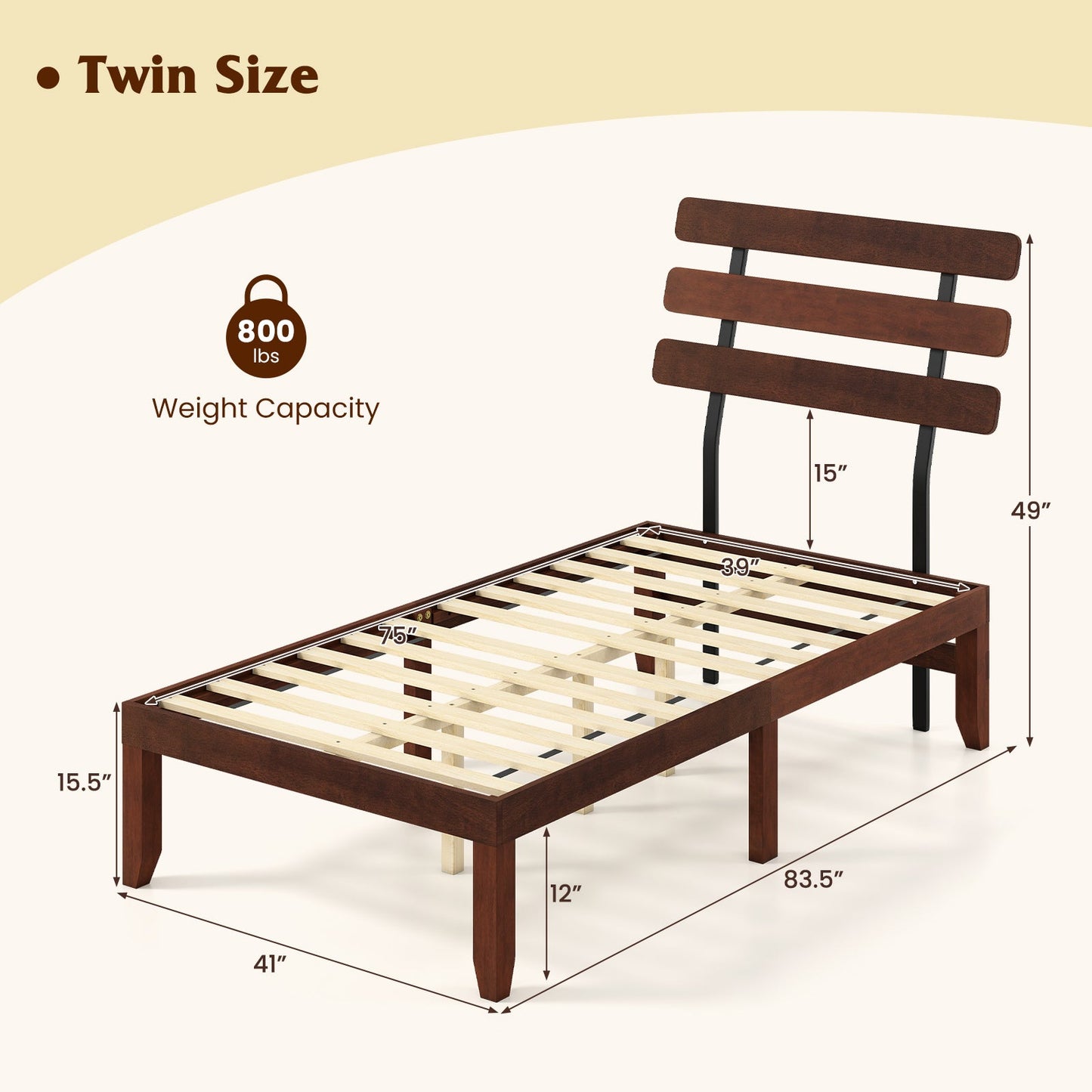Full Size Bed Frame 15.5 Inch Solid Wood Platform Bed with Retro Headboard