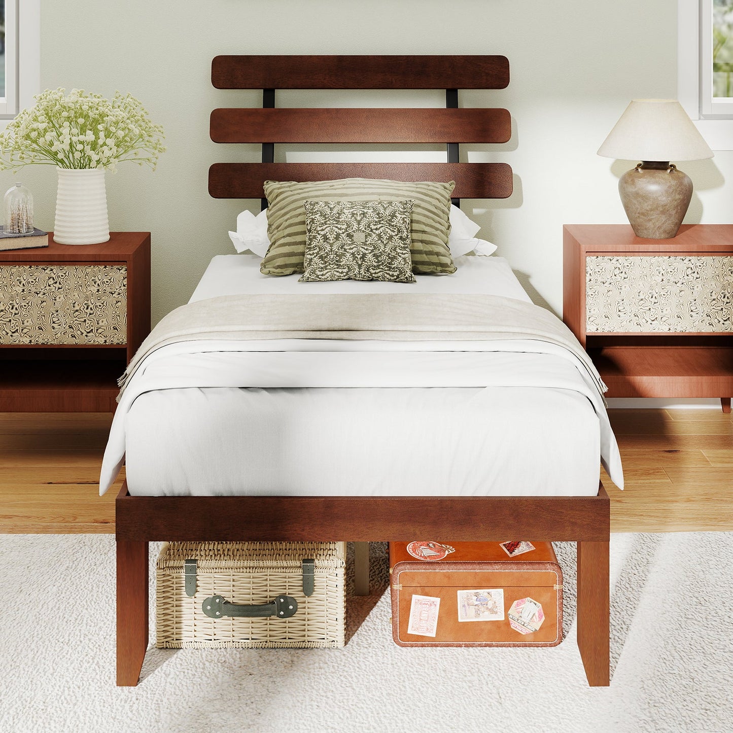 Full Size Bed Frame 15.5 Inch Solid Wood Platform Bed with Retro Headboard
