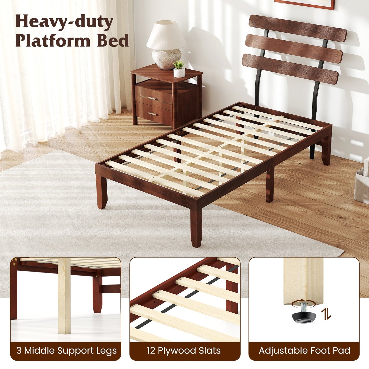 Full Size Bed Frame 15.5 Inch Solid Wood Platform Bed with Retro Headboard