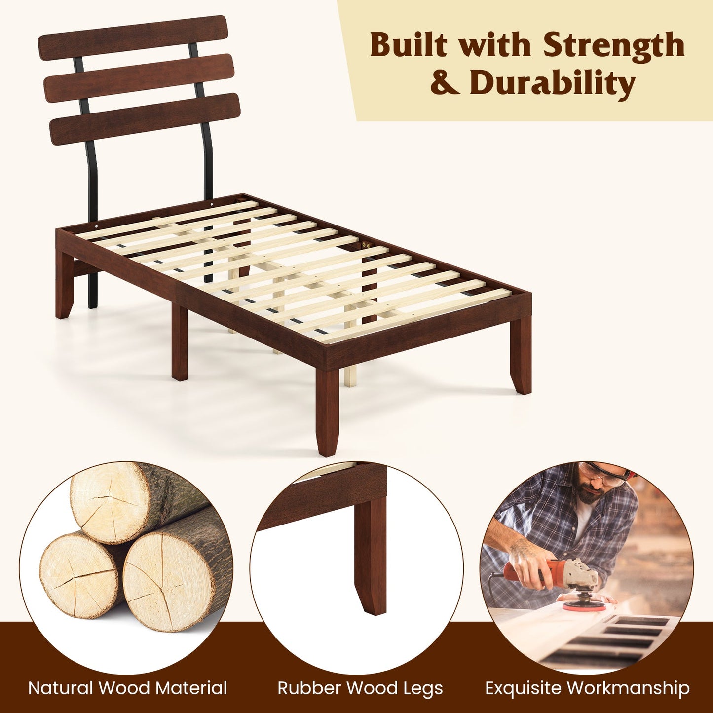 Full Size Bed Frame 15.5 Inch Solid Wood Platform Bed with Retro Headboard