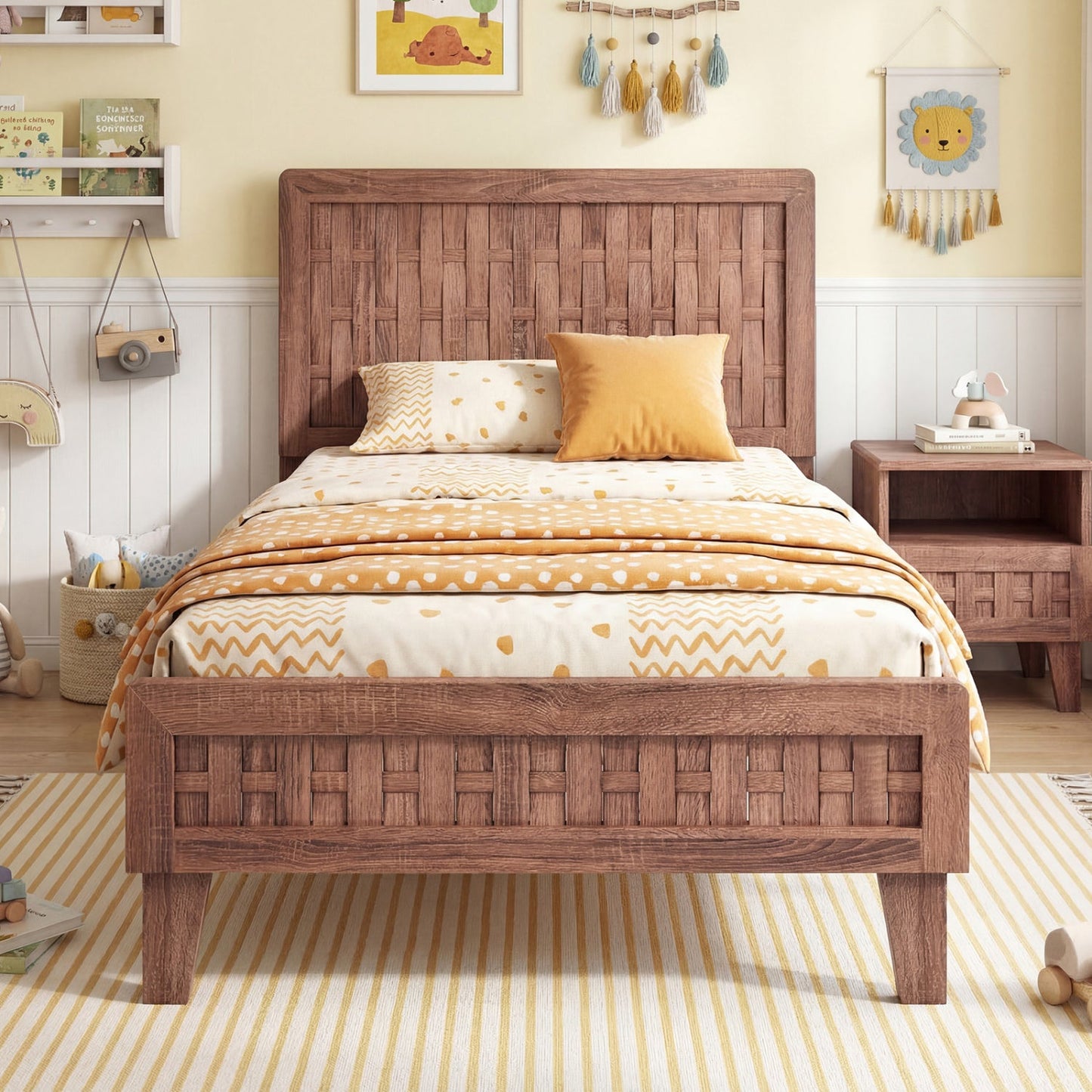 Twin Size Bed Frame Mid Century with Woven Accent Headboard