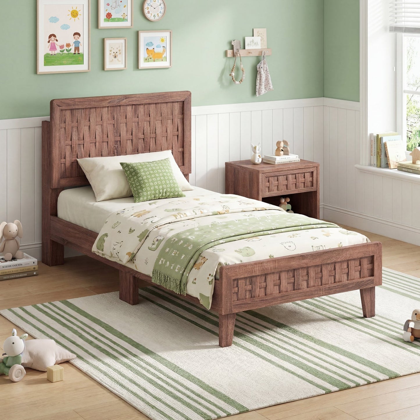 Twin Size Bed Frame Mid Century with Woven Accent Headboard