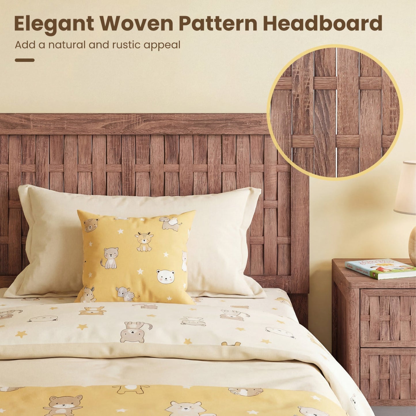 Twin Size Bed Frame Mid Century with Woven Accent Headboard