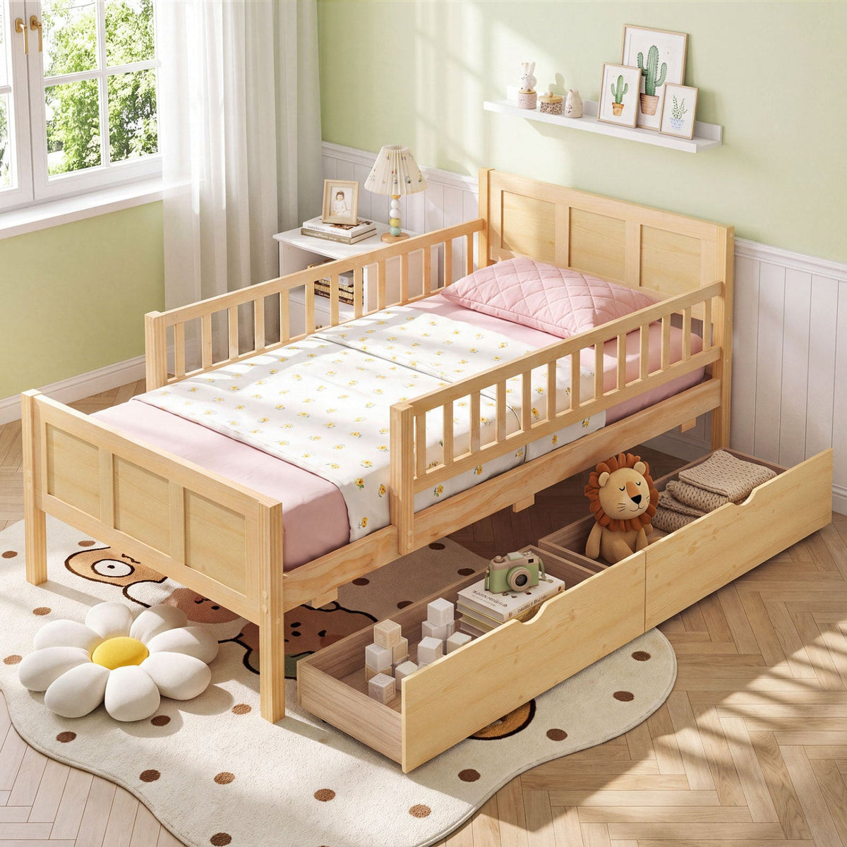 Full Size Bed Frame with Storage Drawers - Natural Pine