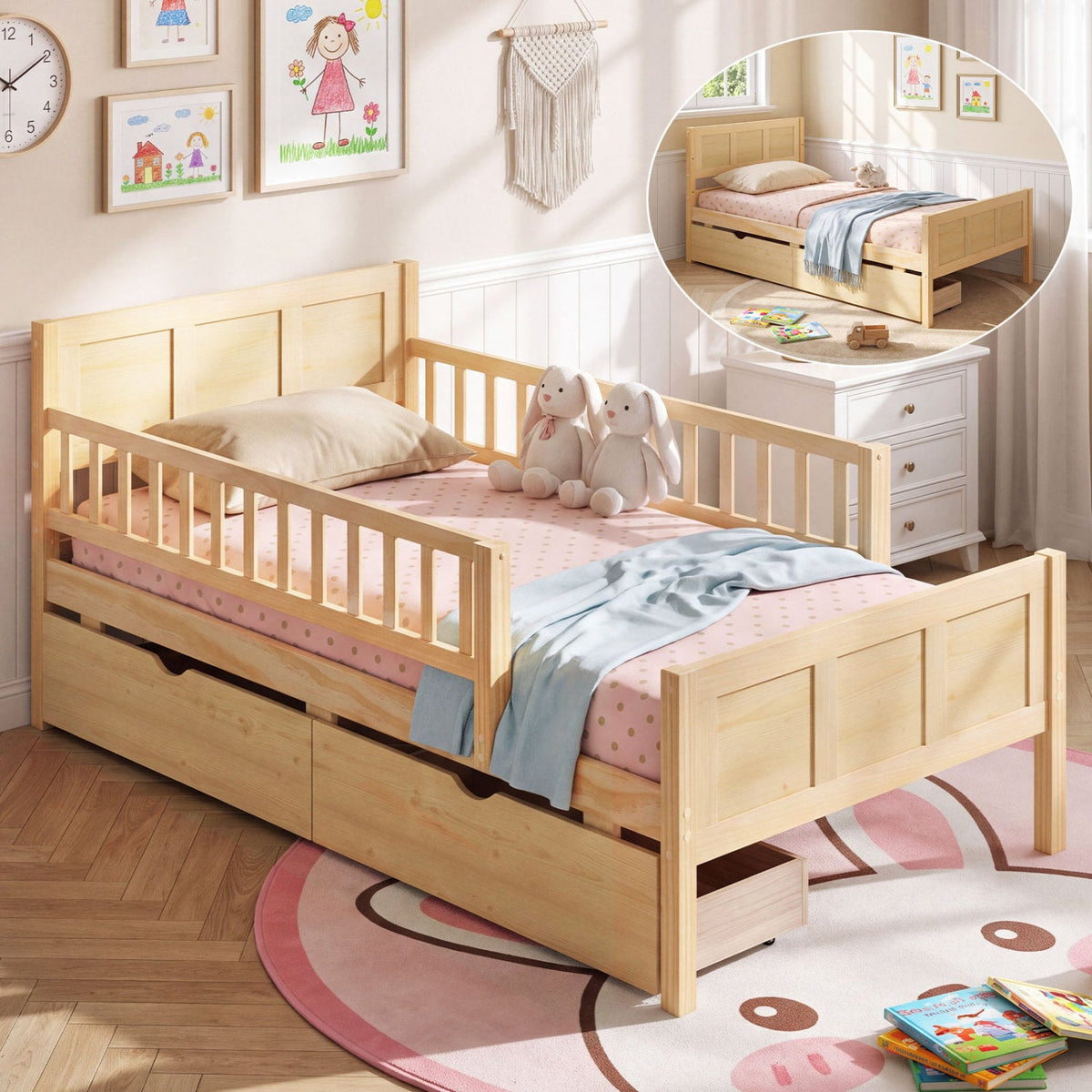 Full Size Bed Frame with Storage Drawers - Natural Pine