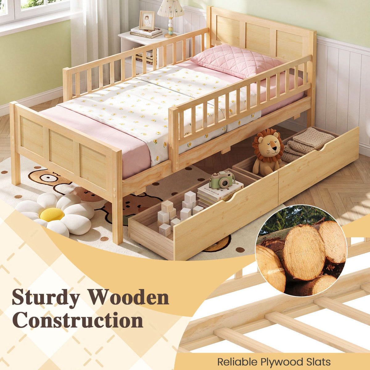 Full Size Bed Frame with Storage Drawers - Natural Pine
