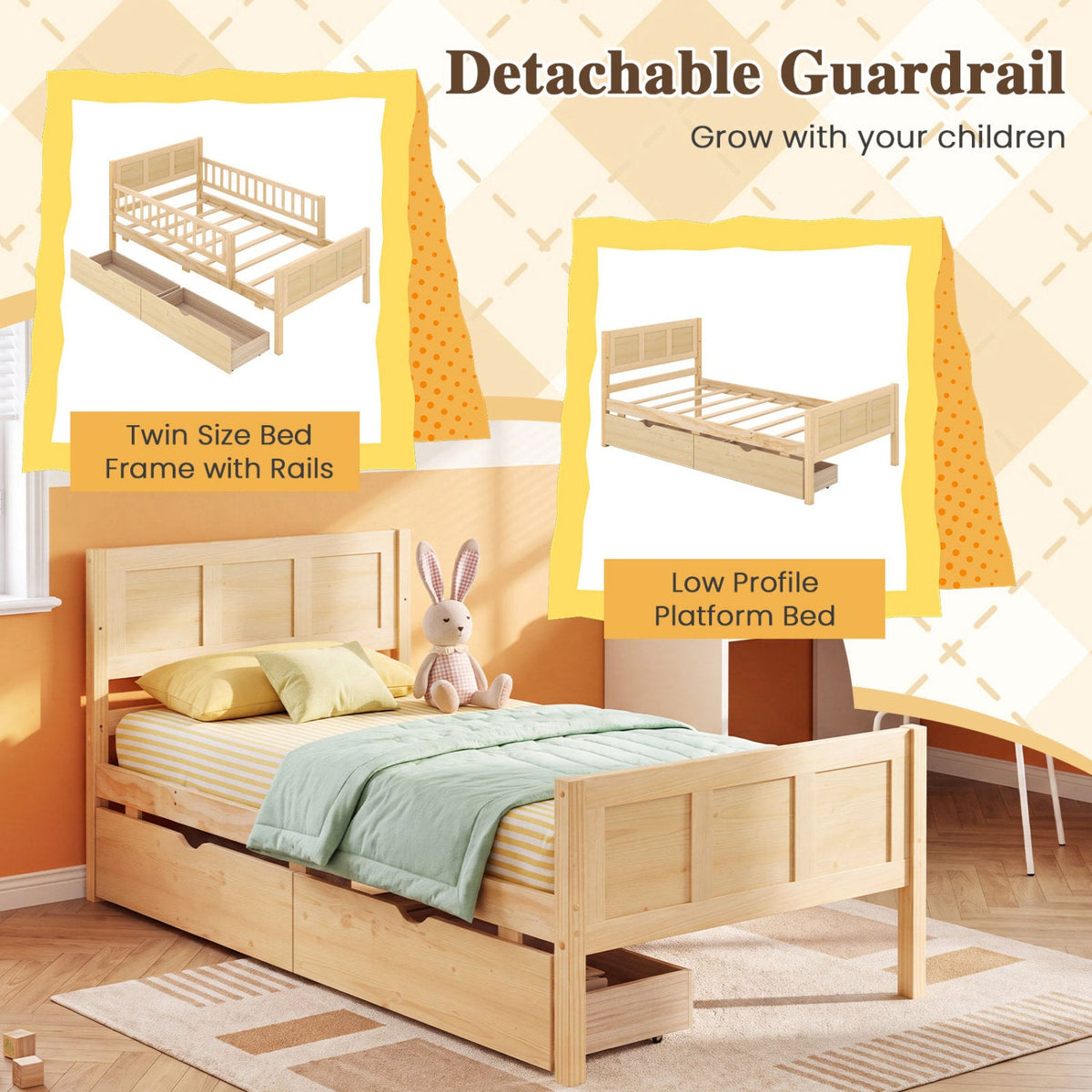 Full Size Bed Frame with Storage Drawers - Natural Pine