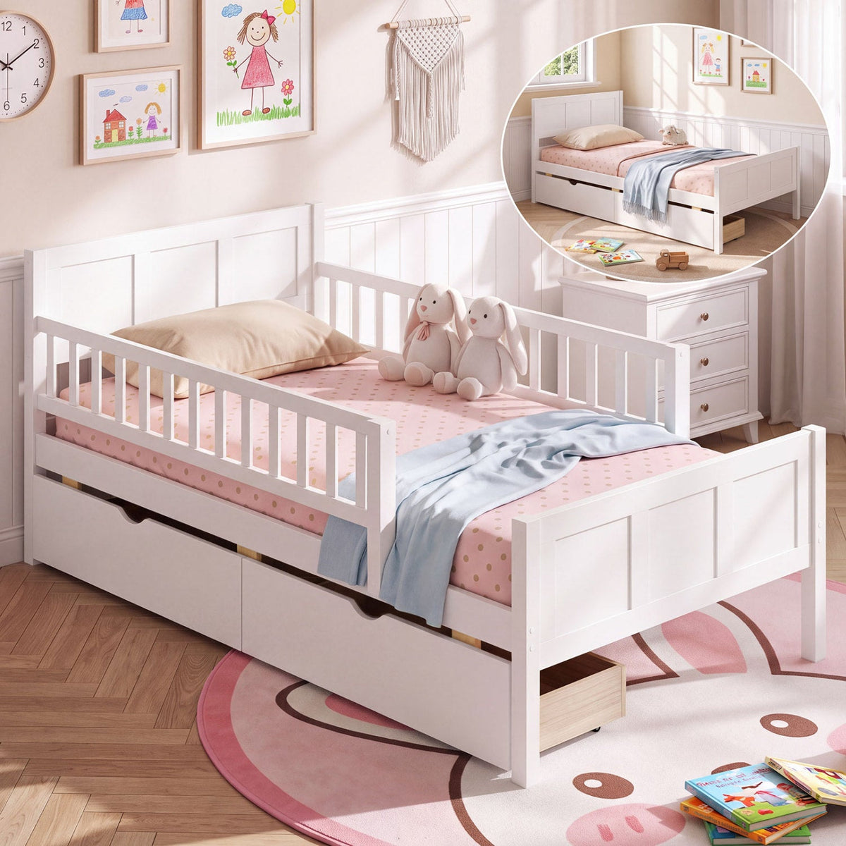 Full Size Platform Bed Frame with Detachable Guardrails