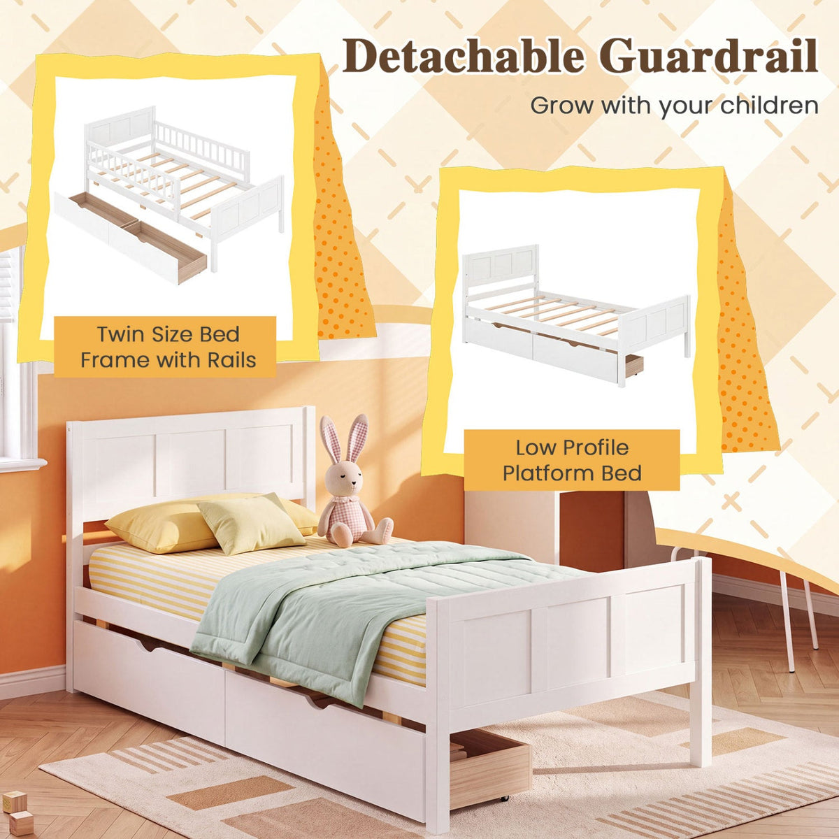 Full Size Platform Bed Frame with Detachable Guardrails