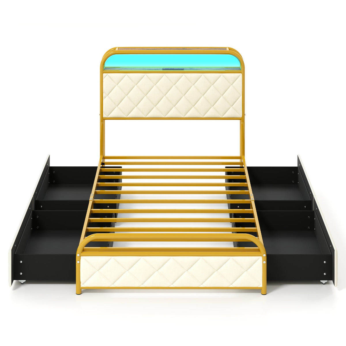 Twin/Full/Queen Size Bed Frame with LED Lights and Charging Station Gold