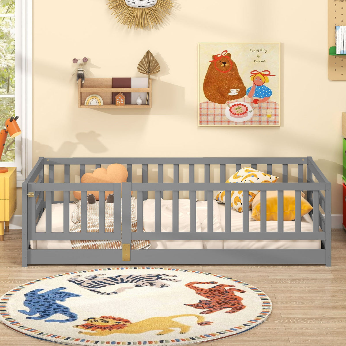 Twin Size Floor Bed with High Fence and Door Playhouse for Kids