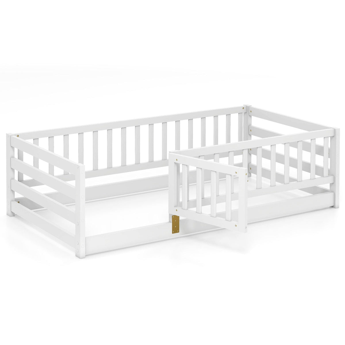 Twin Size Floor Bed with High Fence and Door Playhouse for Kids