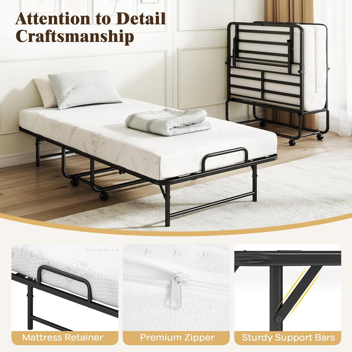 Twin Size Folding Bed with 5-Inch Mattress Rollaway Guest Bed with Memory Foam Mattress