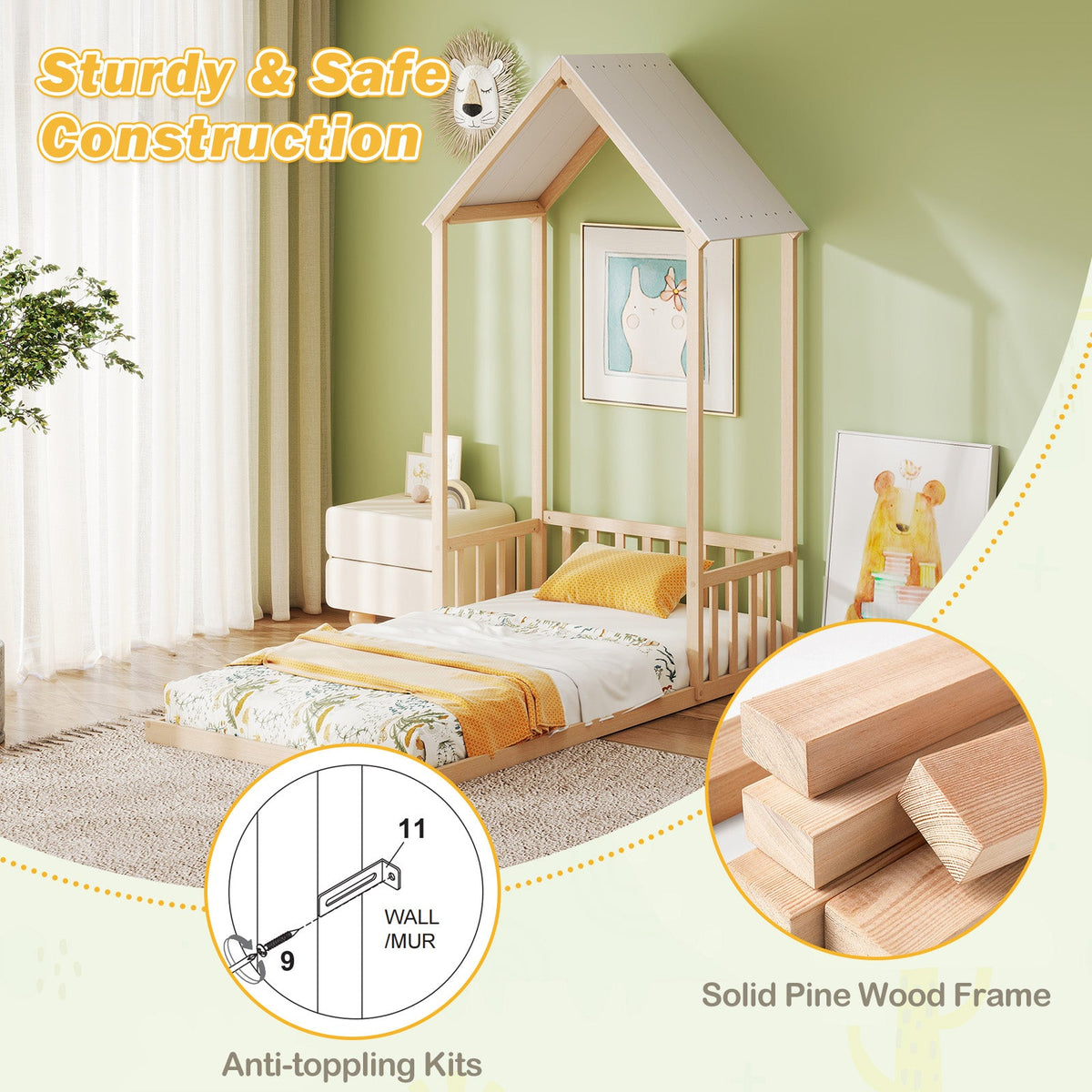 Twin Size House Bed with House Shape Roof and Semi-Fence
