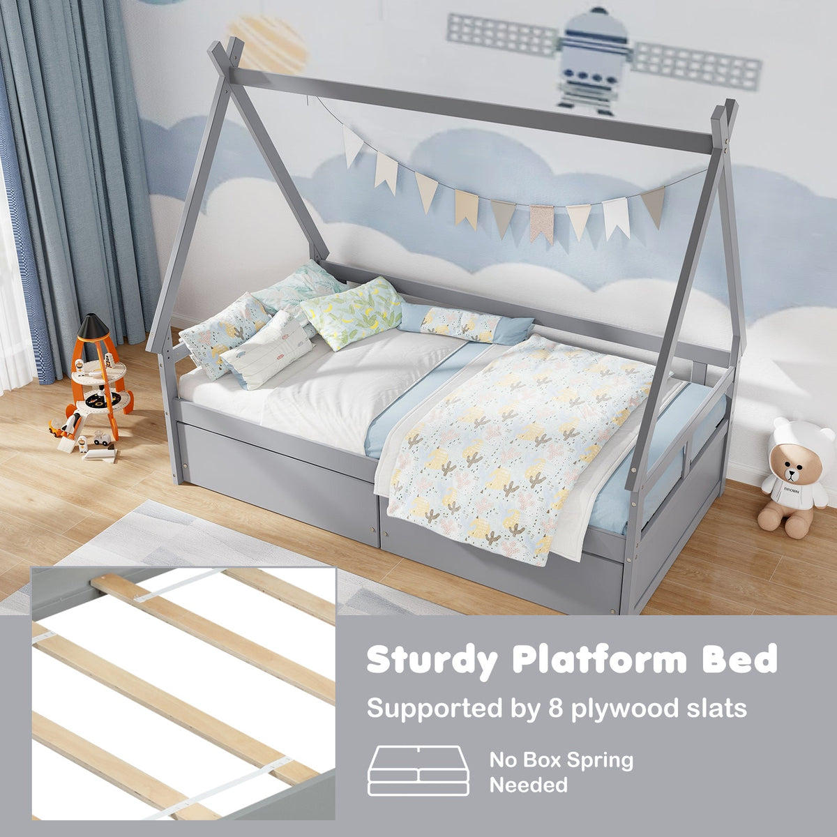 Twin Size House Bed with Roof and Safety Guardrail