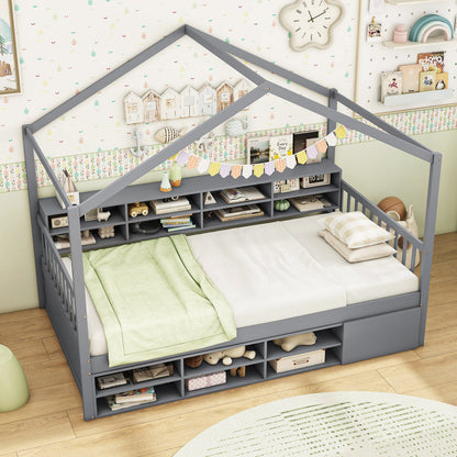 Twin Size House Bed with Roof with 14 Storage Cubes and Enclosed Cabinet