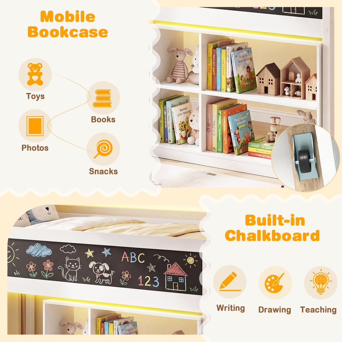 Twin Size Kids Loft Bed with LED Lights and Removable Bookcase