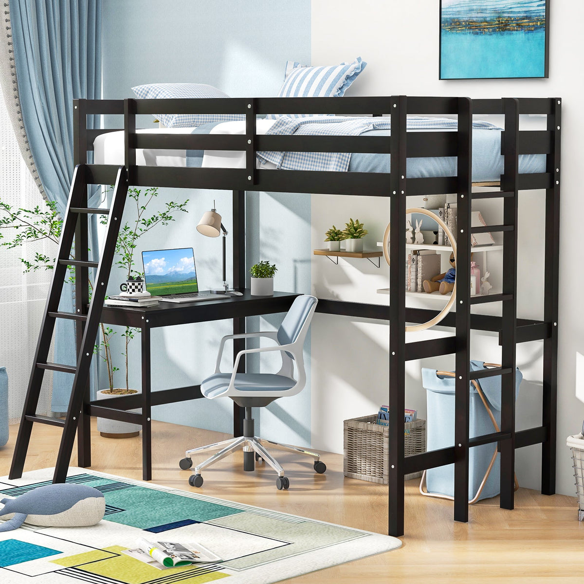 Twin Size Loft Bed Frame with Desk Angled and Built-in Ladder