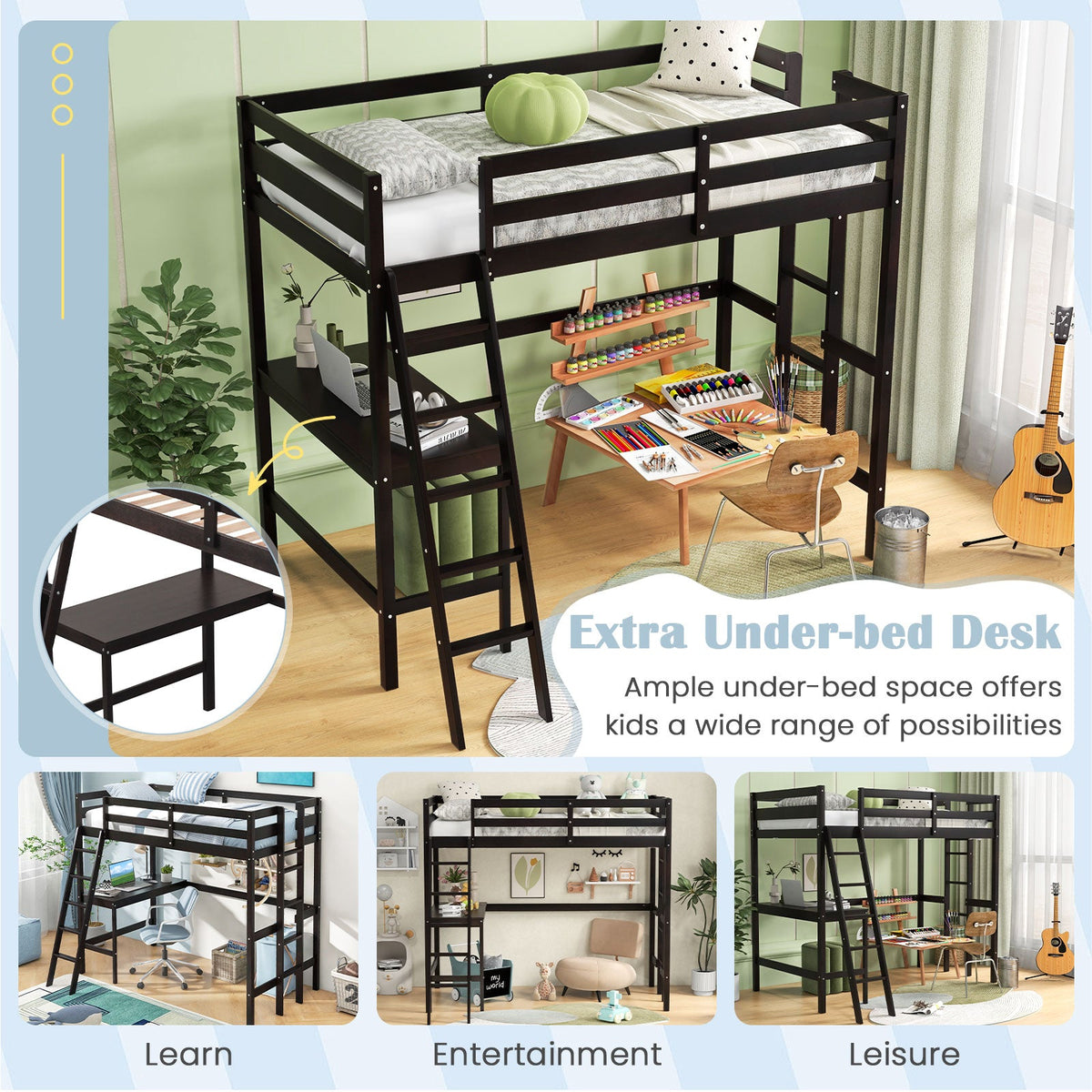 Twin Size Loft Bed Frame with Desk Angled and Built-in Ladder