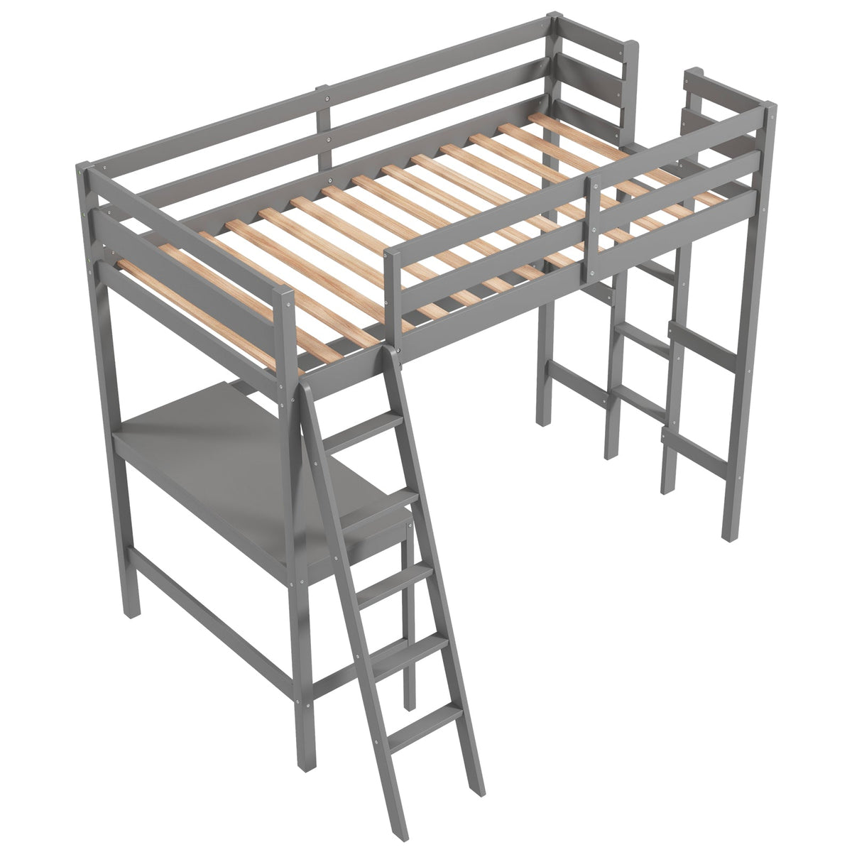 Twin Size Loft Bed Frame with Desk Angled and Built-in Ladder