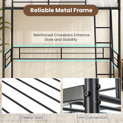 Twin Size Loft Bed Metal Bed Frame with Ladder and Guardrails-Black