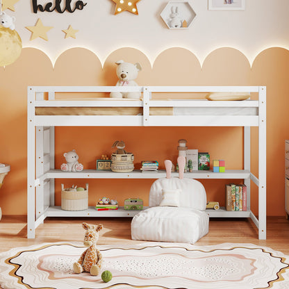 Twin Size Loft Bed with Storage Shelves Full-length Guardrails and Ladder-White