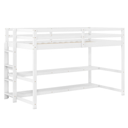 Twin Size Loft Bed with Storage Shelves Full-length Guardrails and Ladder-White