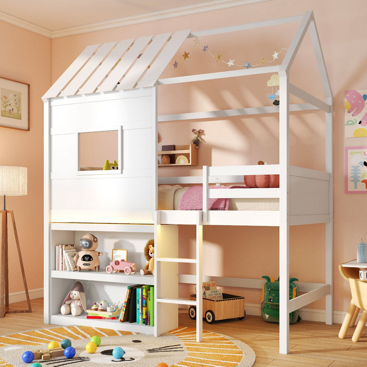 Twin Size Loft Bed with LED Lights Roof Window and Storage Bookshelf-White