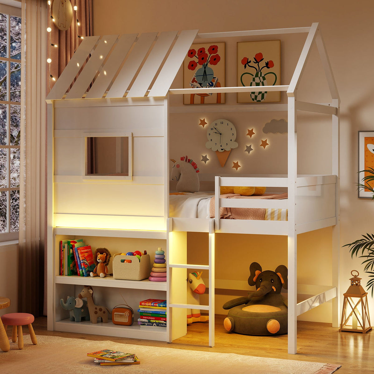 Twin Size Loft Bed with LED Lights Roof Window and Storage Bookshelf-White