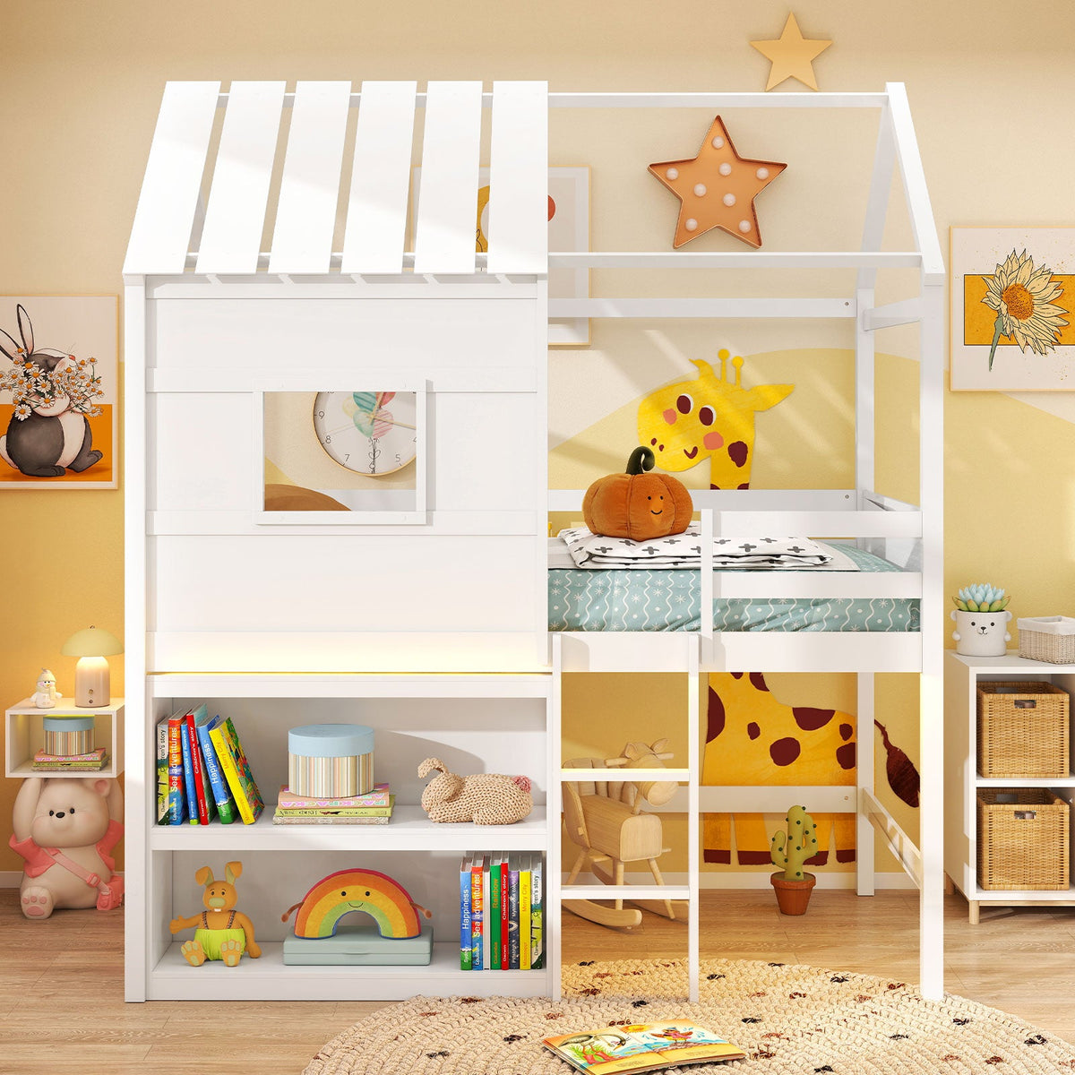 Twin Size Loft Bed with LED Lights Roof Window and Storage Bookshelf-White