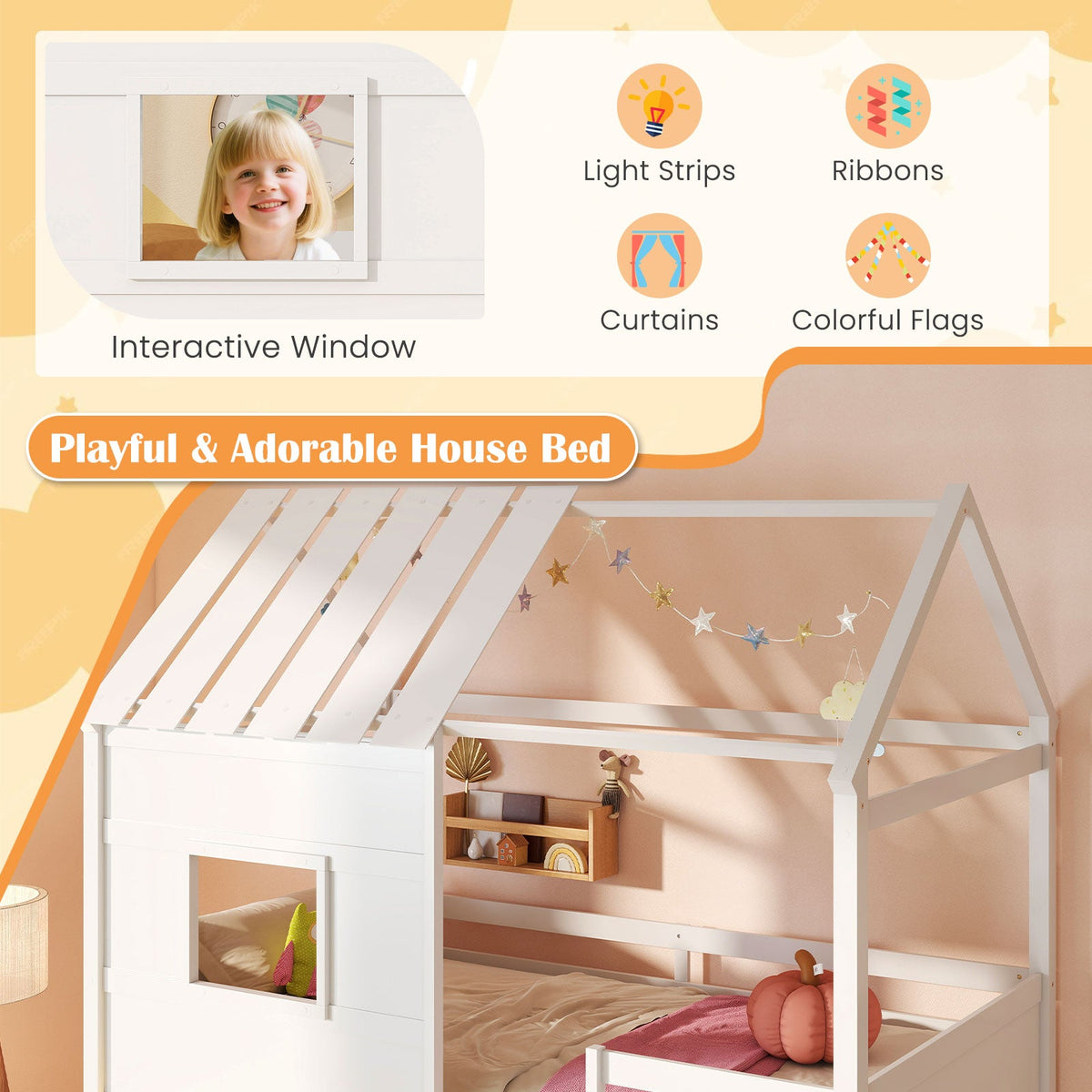Twin Size Loft Bed with LED Lights Roof Window and Storage Bookshelf-White