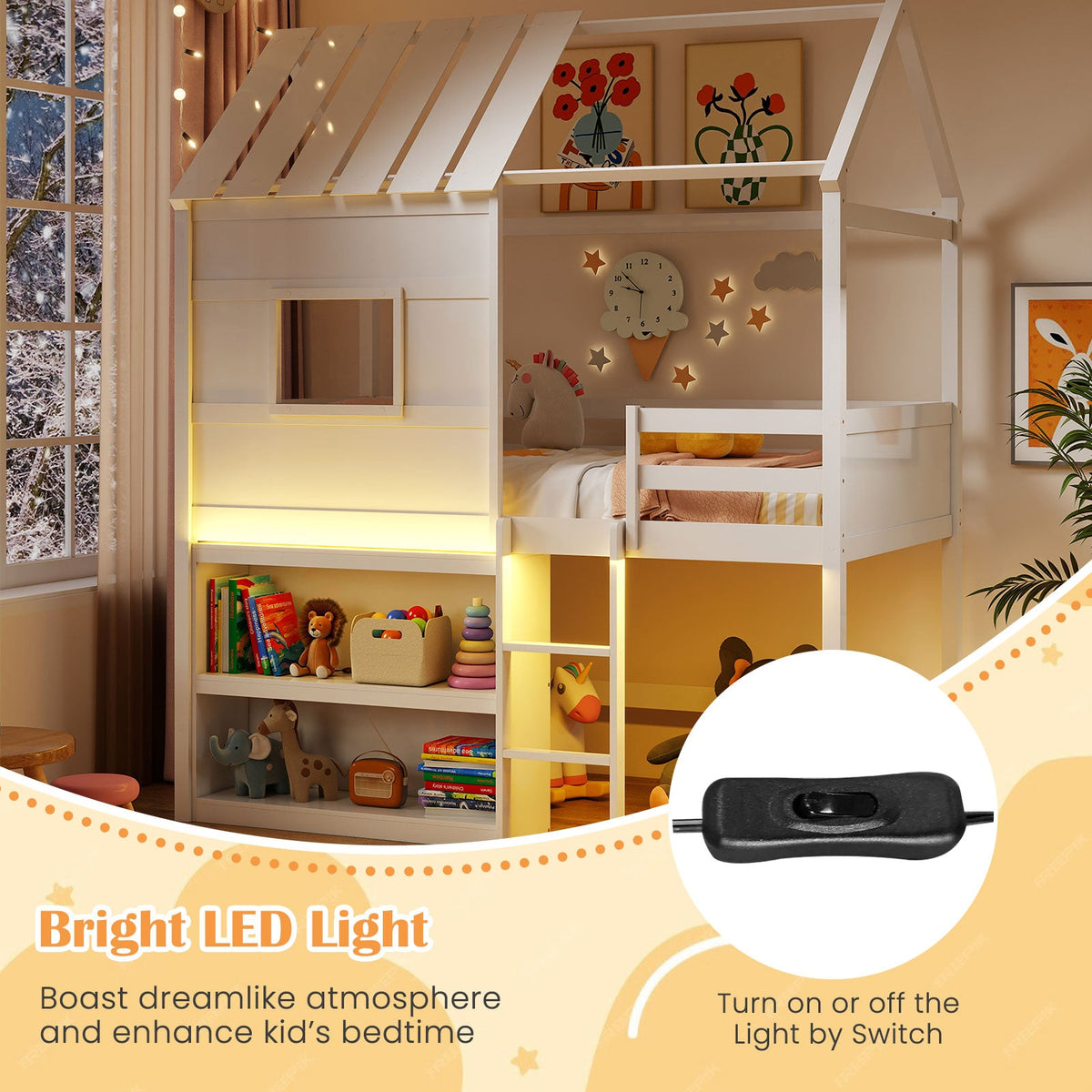 Twin Size Loft Bed with LED Lights Roof Window and Storage Bookshelf-White