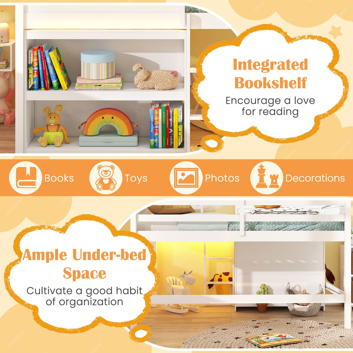 Twin Size Loft Bed with LED Lights Roof Window and Storage Bookshelf-White