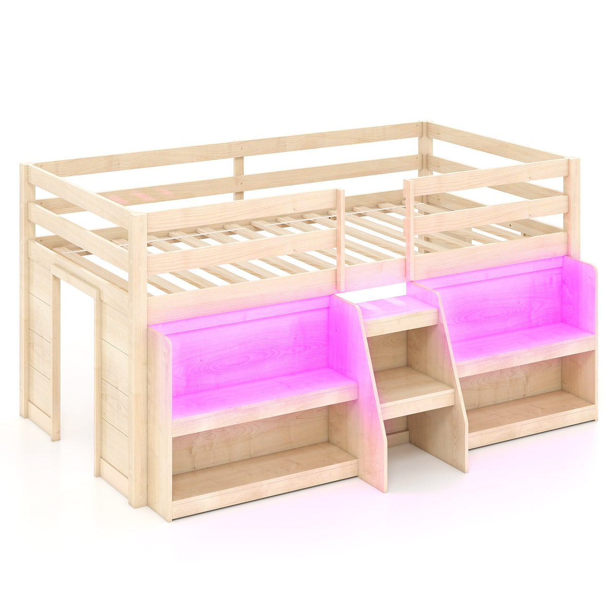 Twin Size Loft Bed with LED Lights with Staircase and Safety Guardrail