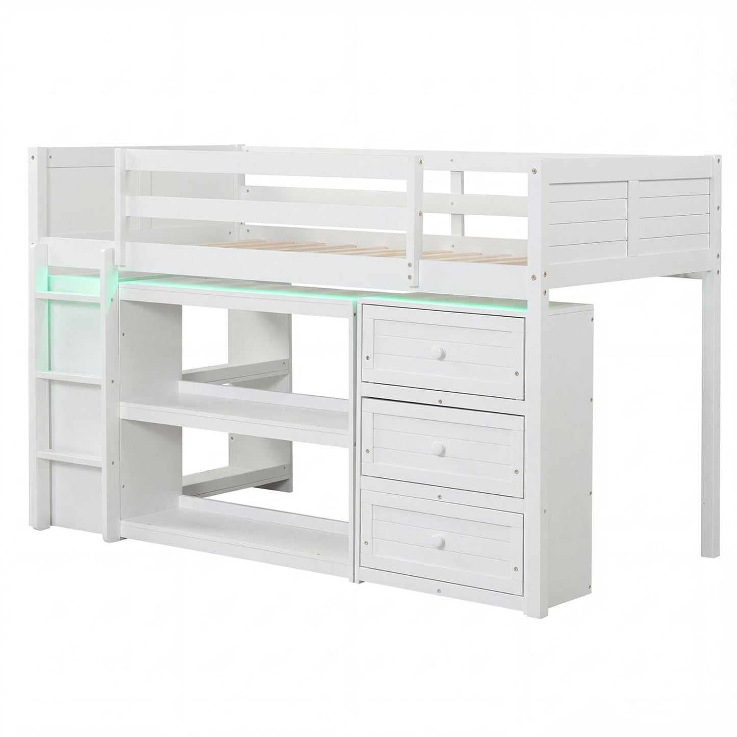 Twin Size Loft Bed with LED Lights and Underbed Space for Kids