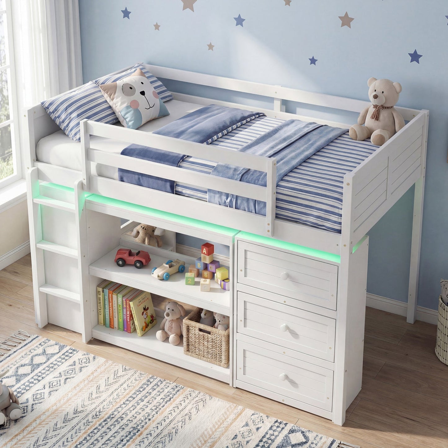 Twin Size Loft Bed with LED Lights and Underbed Space for Kids