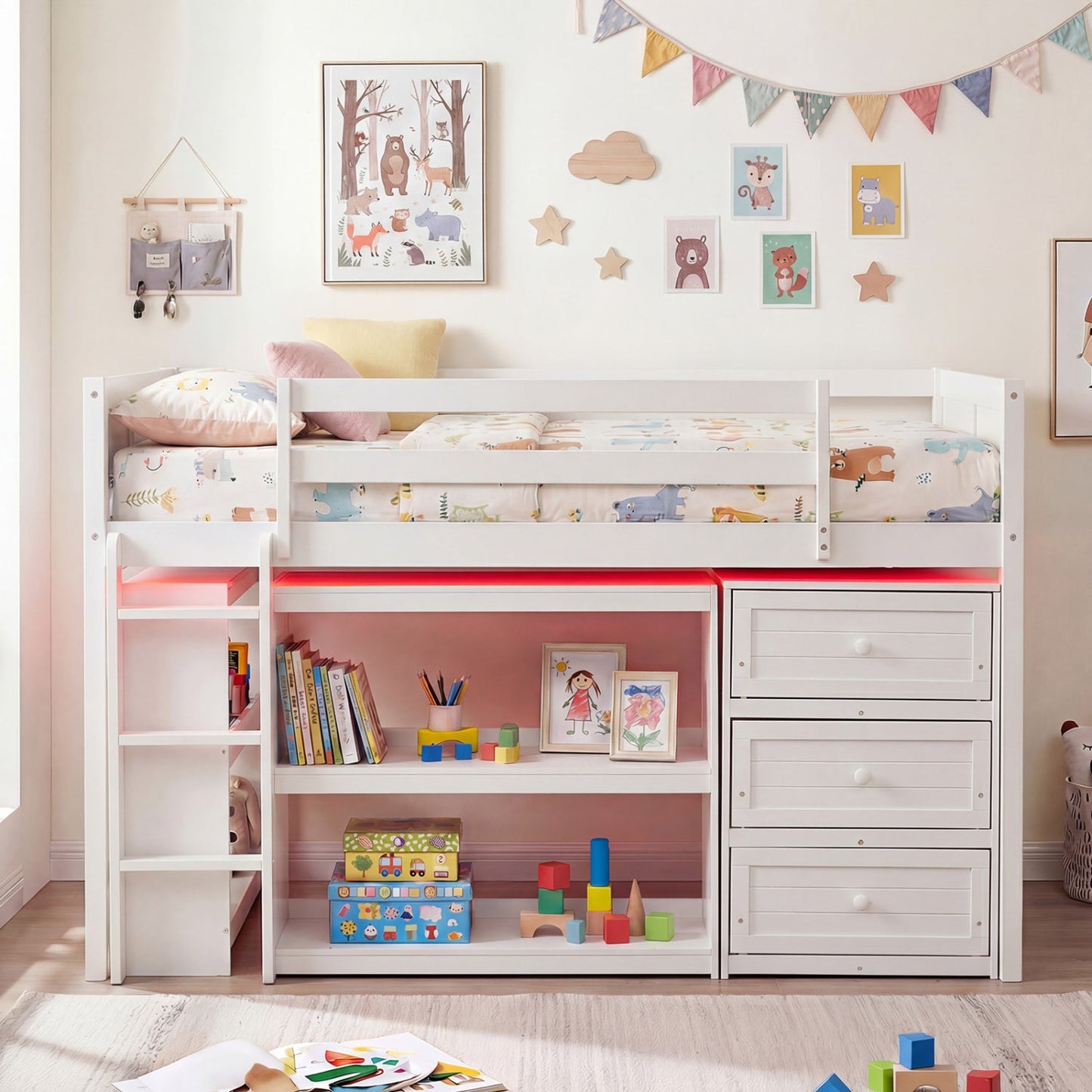 Twin Size Loft Bed with LED Lights and Underbed Space for Kids