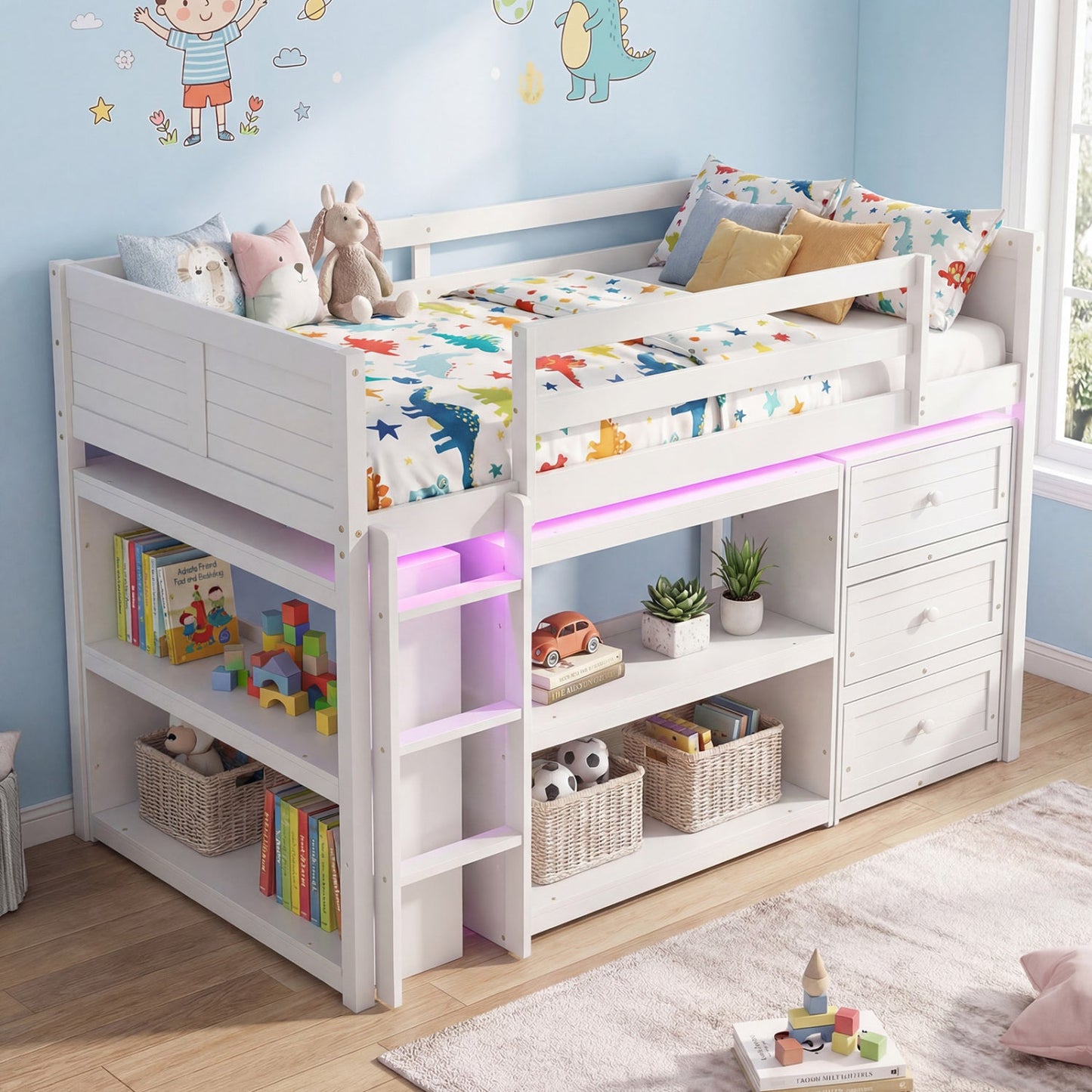 Twin Size Loft Bed with LED Lights and Underbed Space for Kids