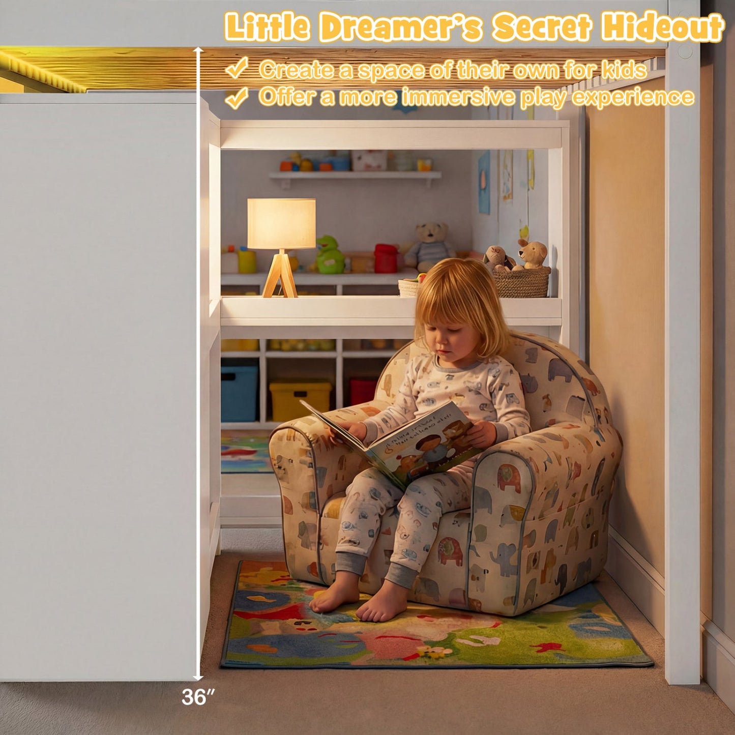 Twin Size Loft Bed with LED Lights and Underbed Space for Kids