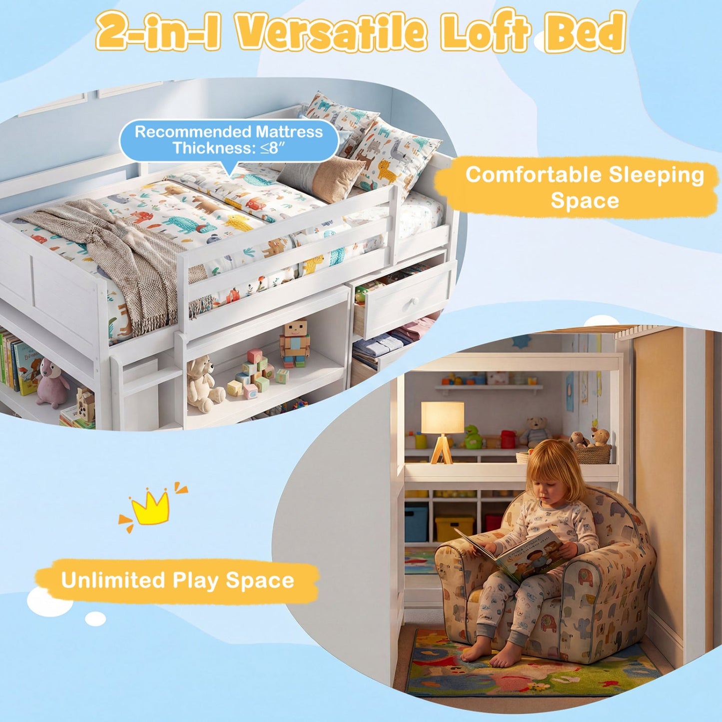 Twin Size Loft Bed with LED Lights and Underbed Space for Kids