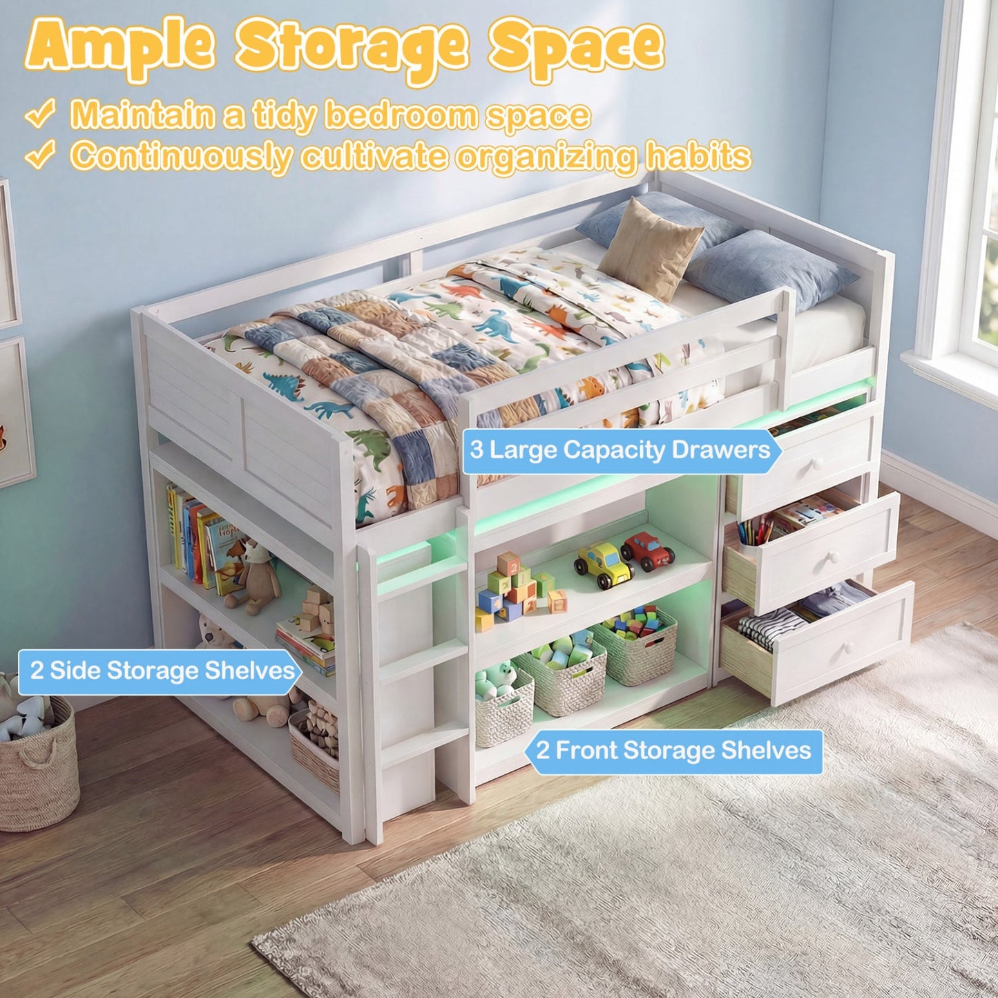 Twin Size Loft Bed with LED Lights and Underbed Space for Kids