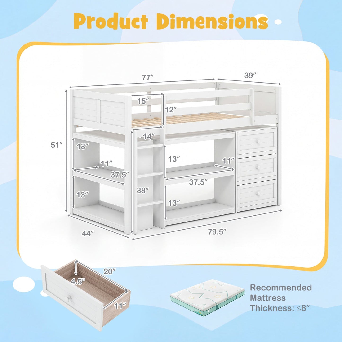 Twin Size Loft Bed with LED Lights and Underbed Space for Kids