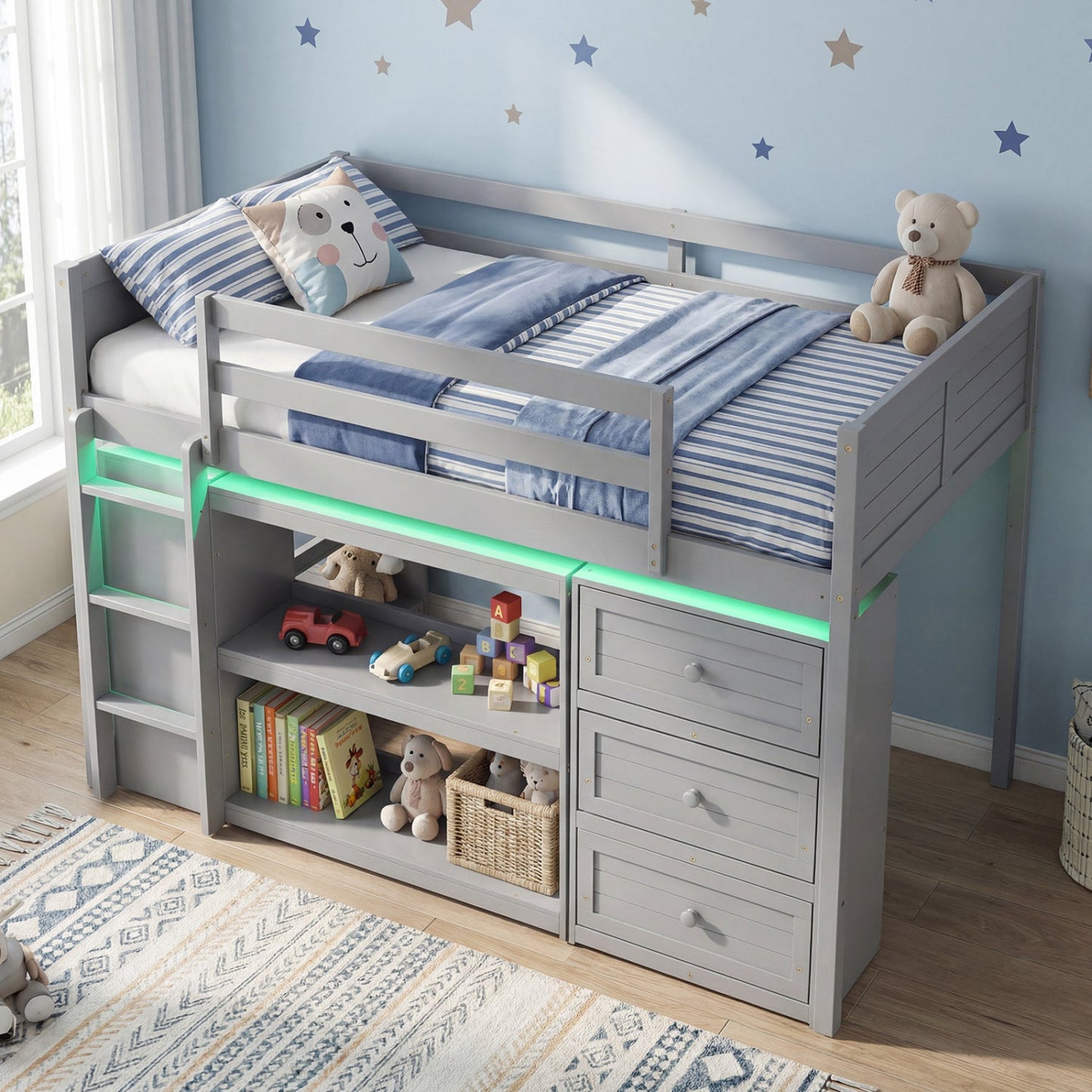 Twin Size Loft Bed with LED Lights and Underbed Space for Kids